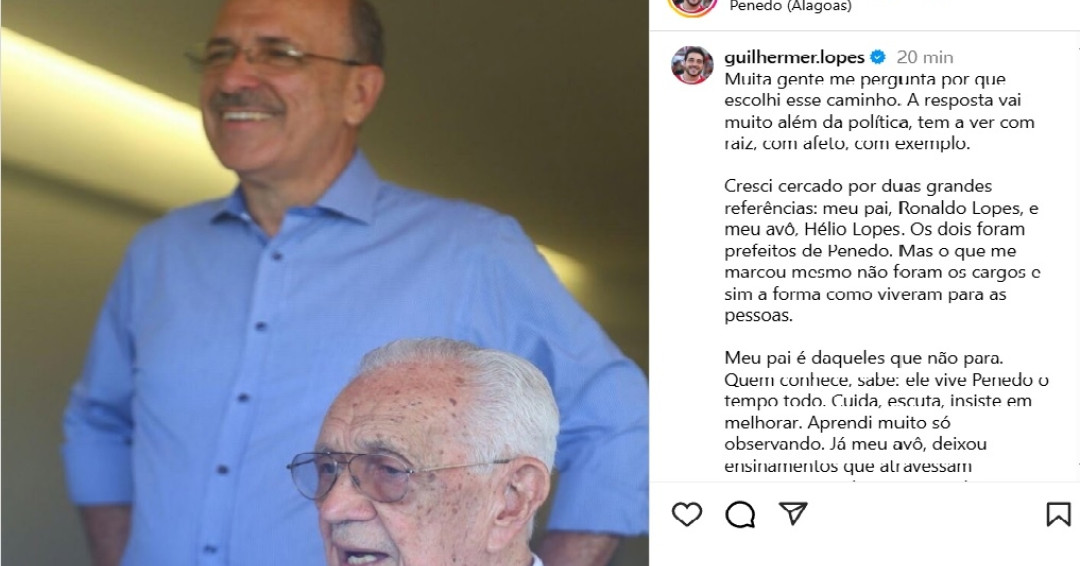 Guilherme Lopes destaca inspiração familiar e compromisso com Penedo em publicação nas redes sociais